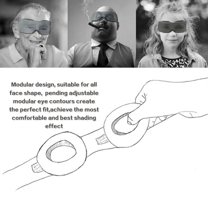 People wearing large eye masks, a drawing of adjustable eye contours, and modular text.
