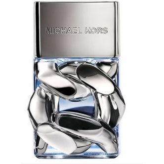 Silver-capped perfume bottle with metallic chain design, transparent base, and engraved logo.