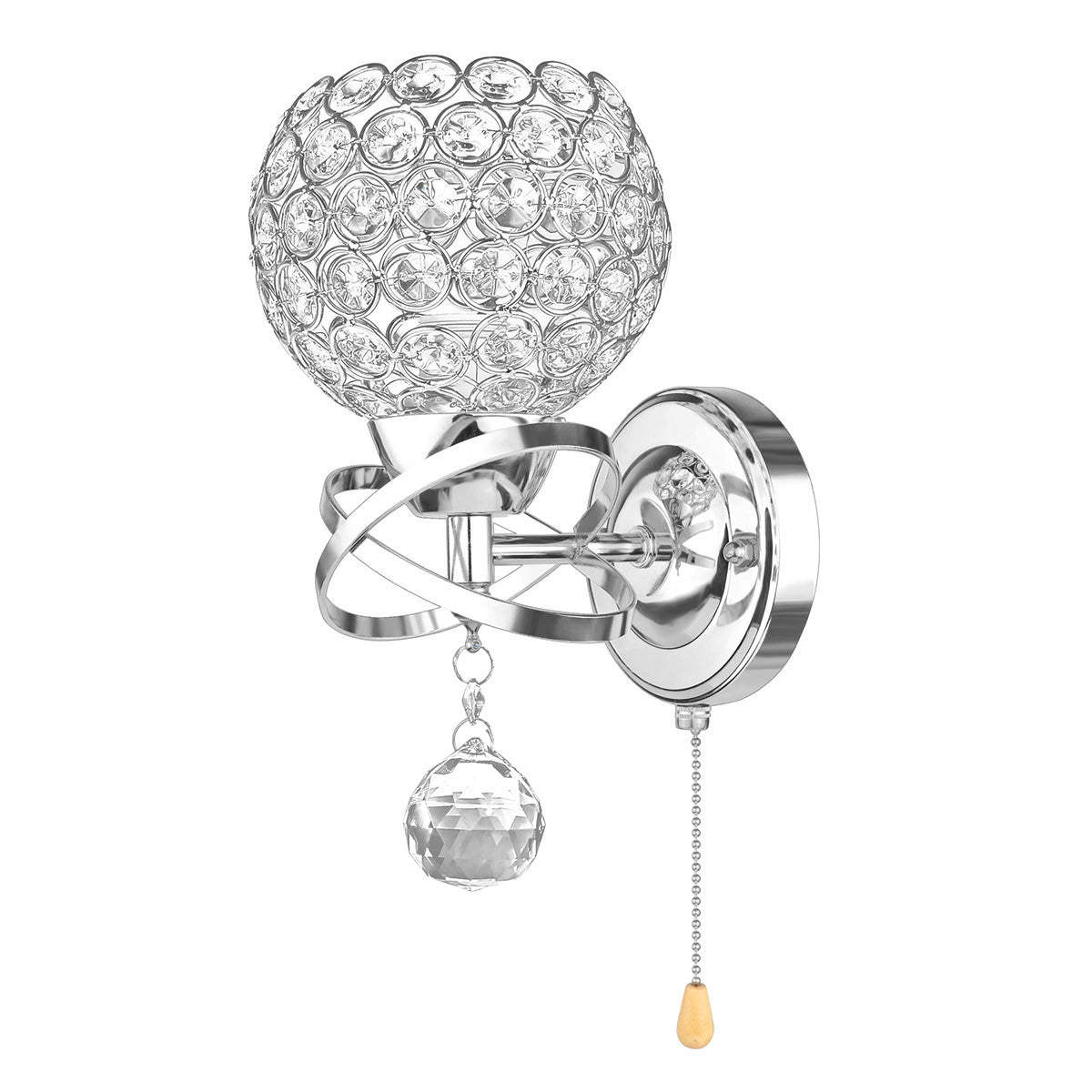 Elegant wall sconce with crystal globe, chrome loops, and dangling crystal and pull chain.