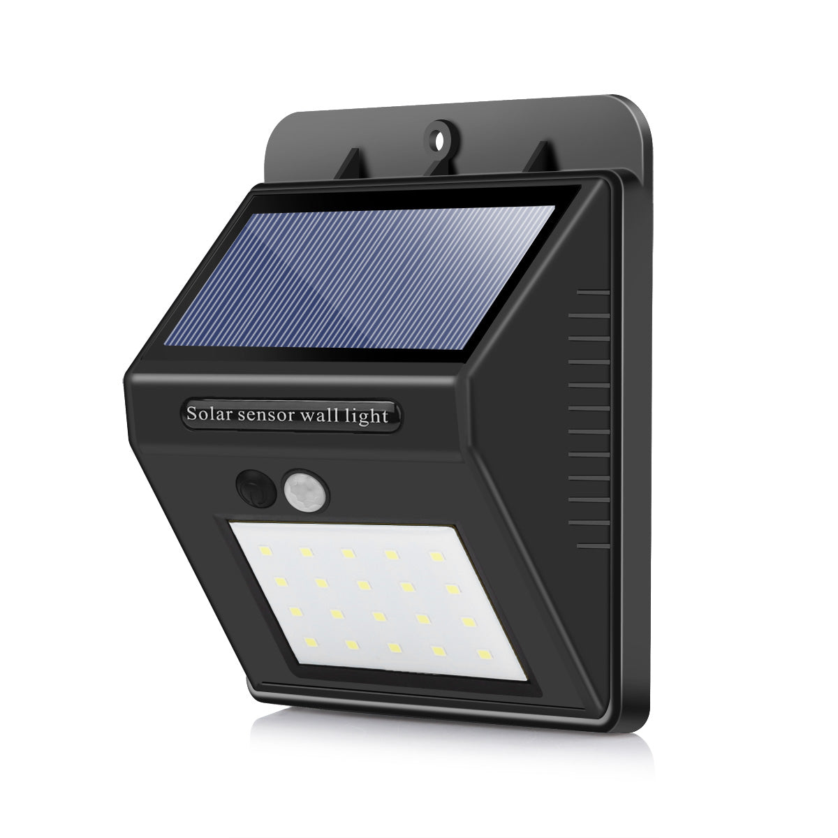 Black solar wall light with sensor and LED grid, mounted panel on top, smooth white background.