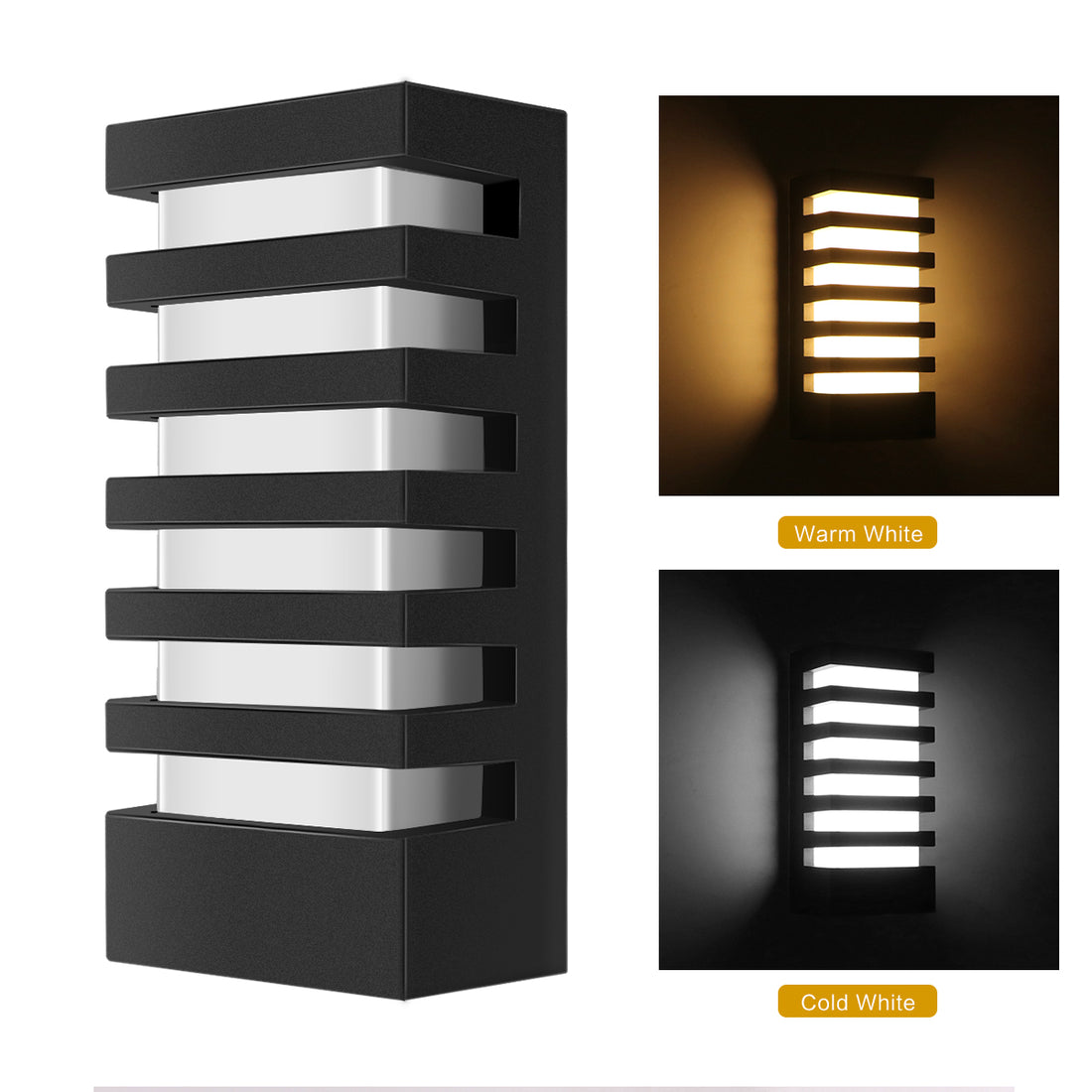 Modern black wall light with horizontal slats, shown in warm and cold white light options.