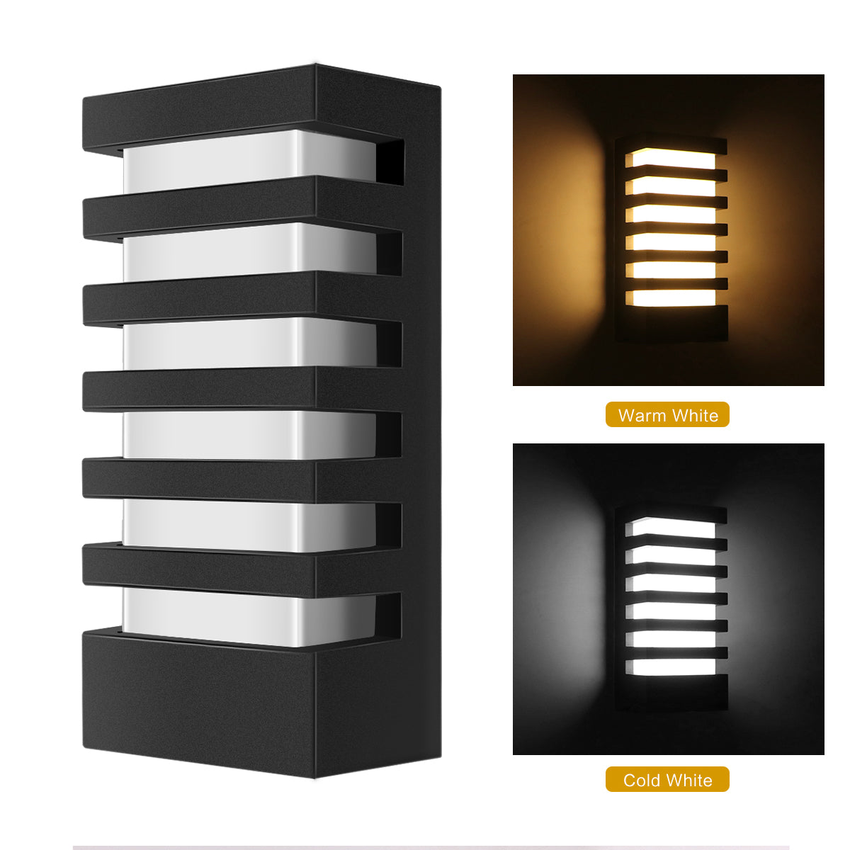 Modern black wall light with horizontal slats, shown in warm and cold white light options.