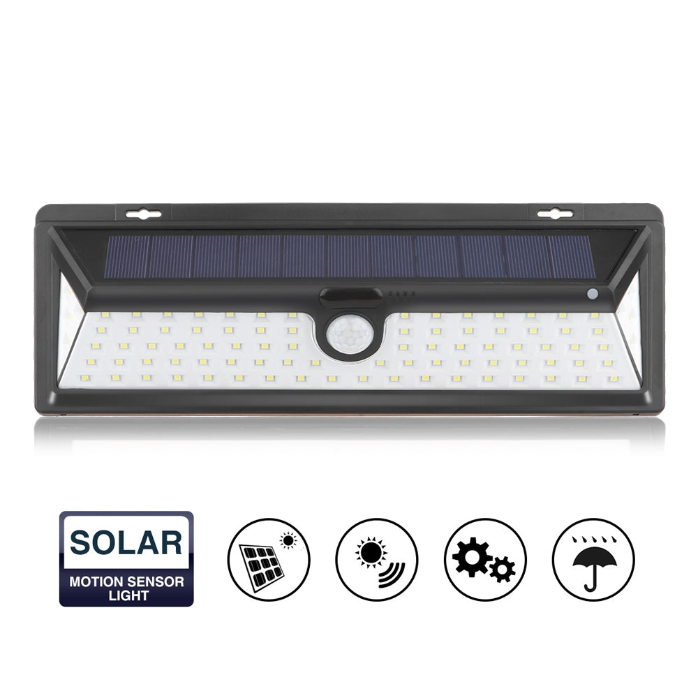 Solar panel black LED light with motion sensor and weatherproof icons below.