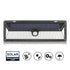 Solar panel black LED light with motion sensor and weatherproof icons below.