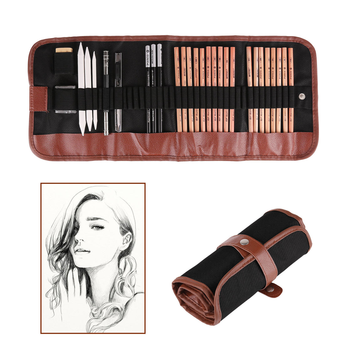 A brown leather roll-up case with pencils and tools, next to a rolled version and a sketch of a woman.