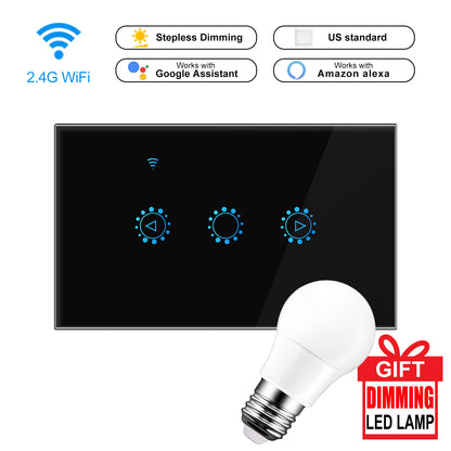 Smart switch panel and LED bulb gift; WiFi, dimming, Google Home, Alexa compatible, black design.