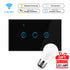 Smart switch panel and LED bulb gift; WiFi, dimming, Google Home, Alexa compatible, black design.