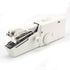 White handheld sewing machine with a needle, tension disc, and knob, set against a white background.