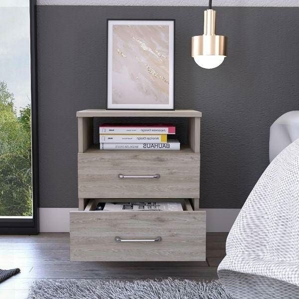 Modern 2-Drawer Nightstand with Open Shelf in Beige Wood Finish-0