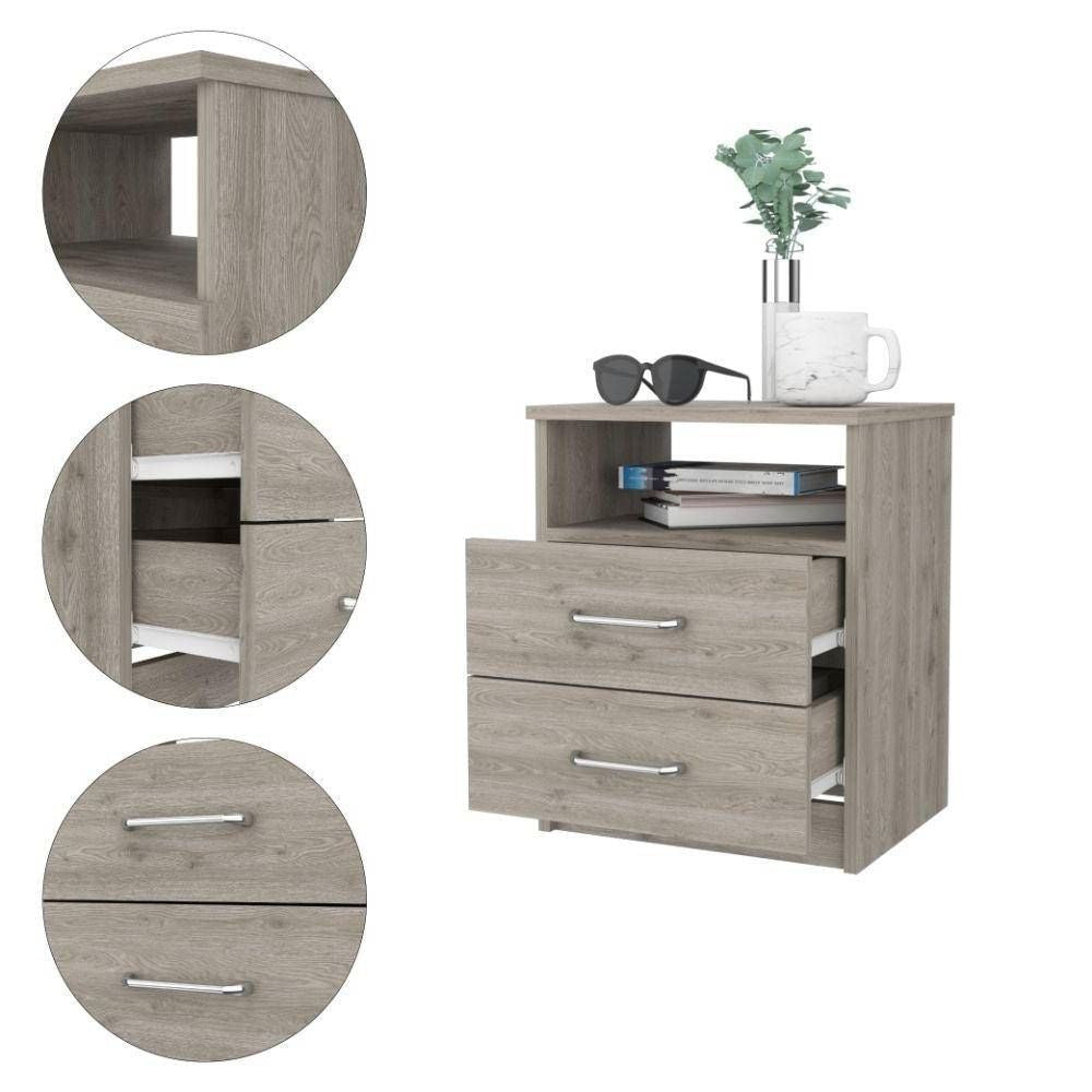 Modern 2-Drawer Nightstand with Open Shelf in Beige Wood Finish-1