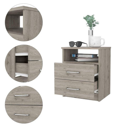 Modern 2-Drawer Nightstand with Open Shelf in Beige Wood Finish-1