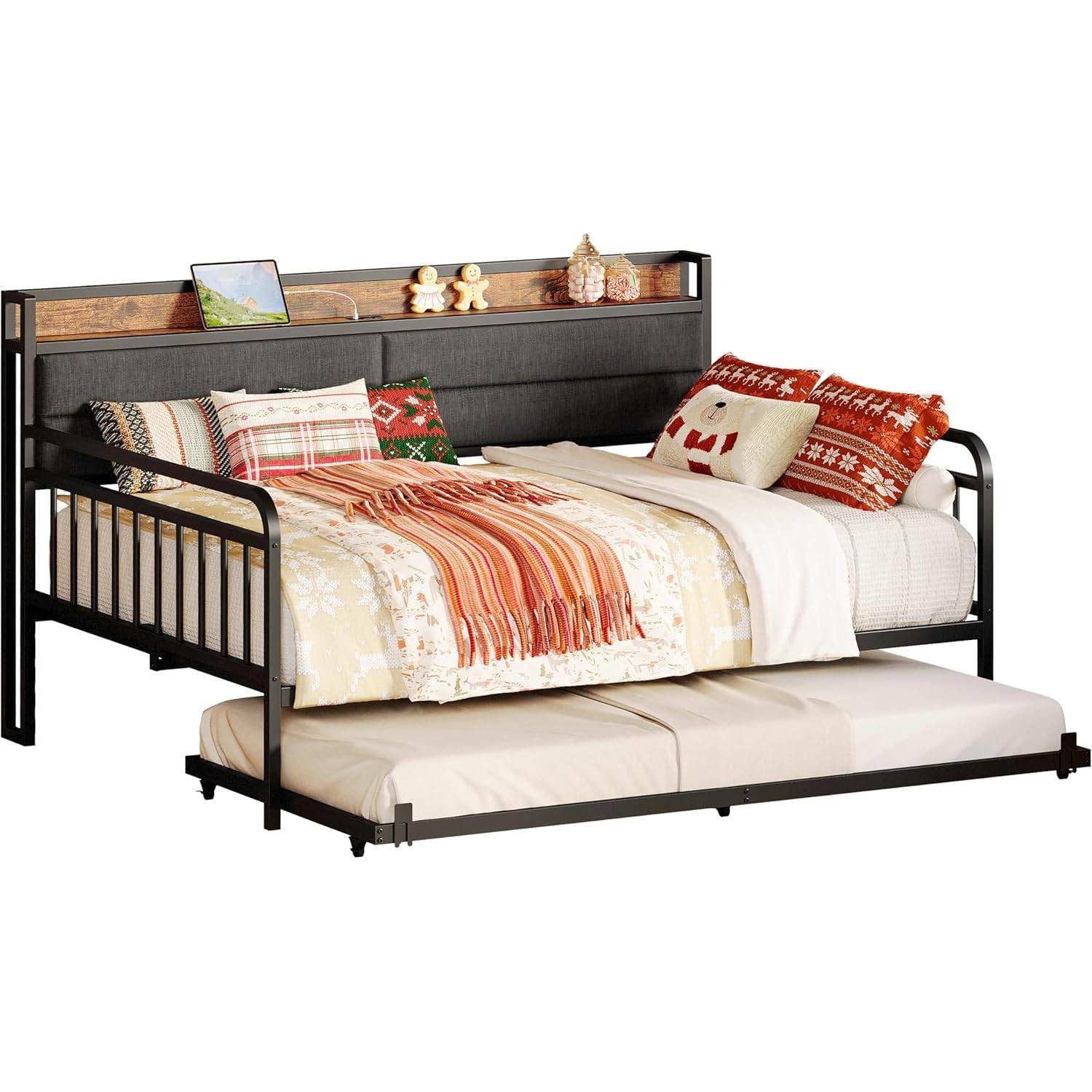 Full size Black Metal Daybed with Upholstered Headboard and Twin Trundle-0
