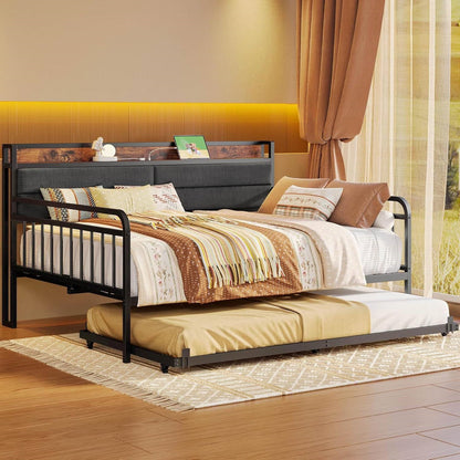 Full size Black Metal Daybed with Upholstered Headboard and Twin Trundle-1