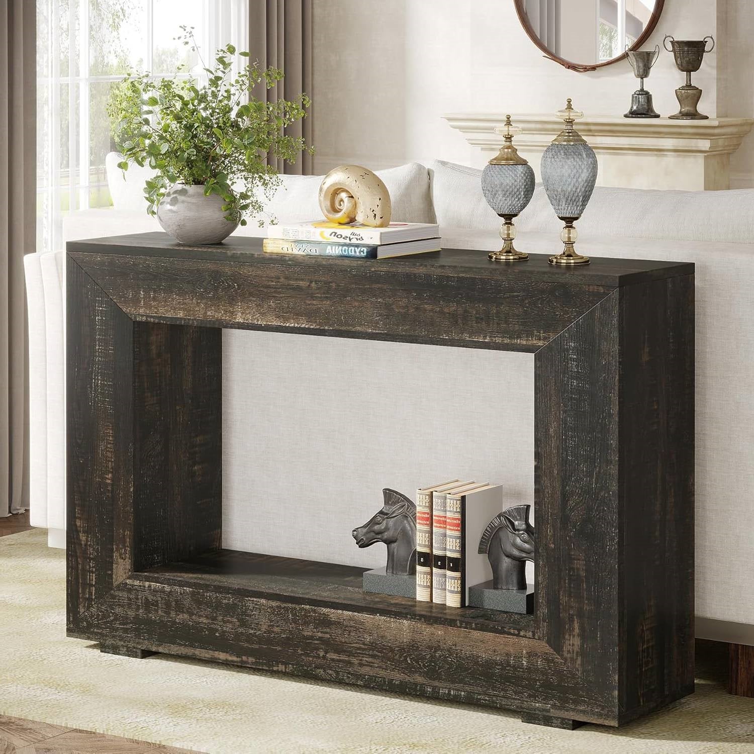 Modern Farmhouse 47-inch Long Sofa Table in Dark Grey Black Wood Finish-0