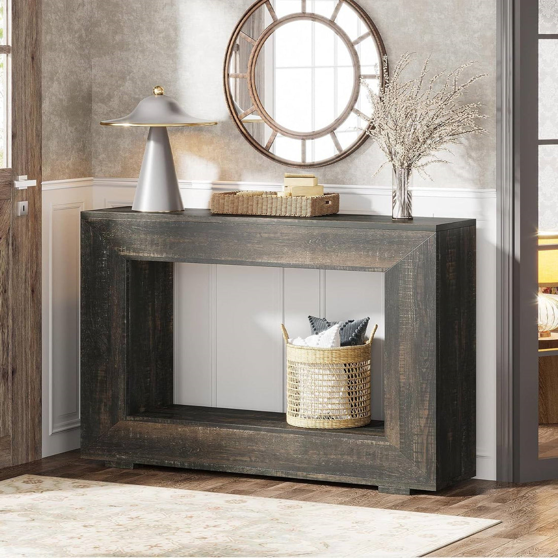 Modern Farmhouse 47-inch Long Sofa Table in Dark Grey Black Wood Finish-1
