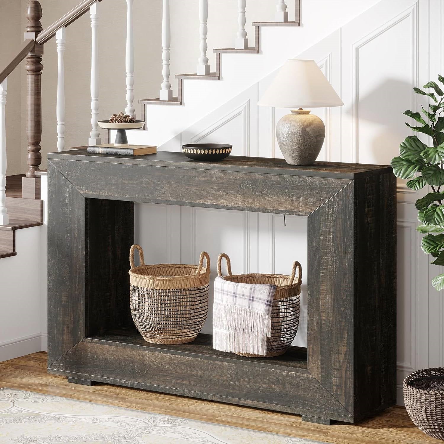 Modern Farmhouse 47-inch Long Sofa Table in Dark Grey Black Wood Finish-3