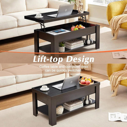 Modern Lift Top Coffee Table Laptop Tray with Storage Shelf in Black Wood Finish-3
