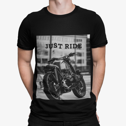 Man wears a black t-shirt with a vintage motorcycle graphic and "JUST RIDE" text in black and white.