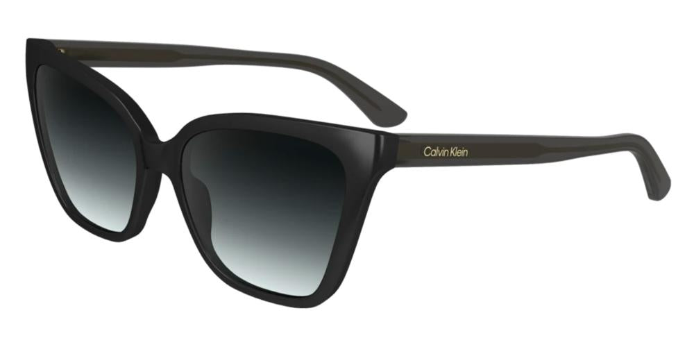 Black cat-eye sunglasses with gradient lenses and gold logo on the arms.