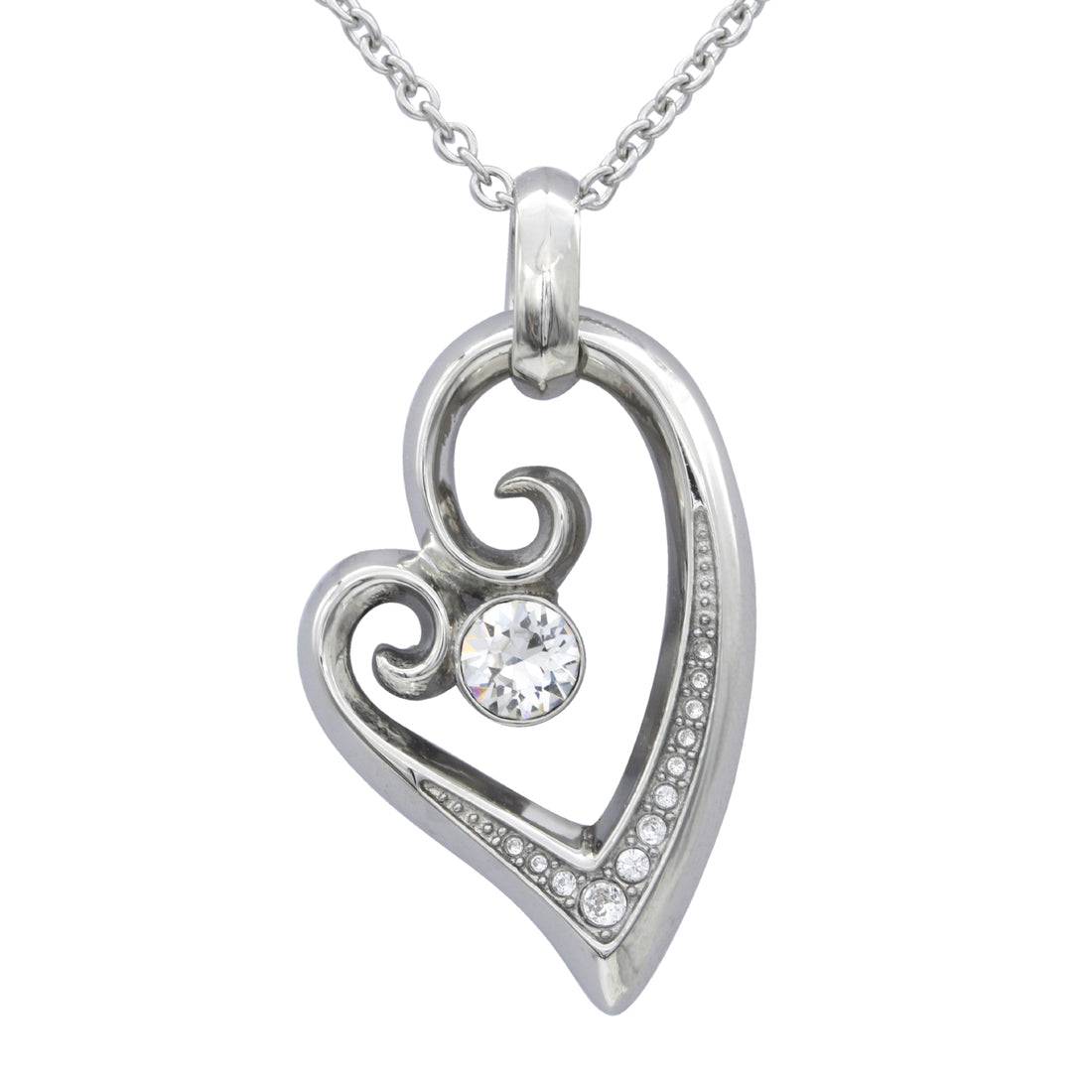 Silver heart pendant with swirling design, studded with small gems and a central large gem.