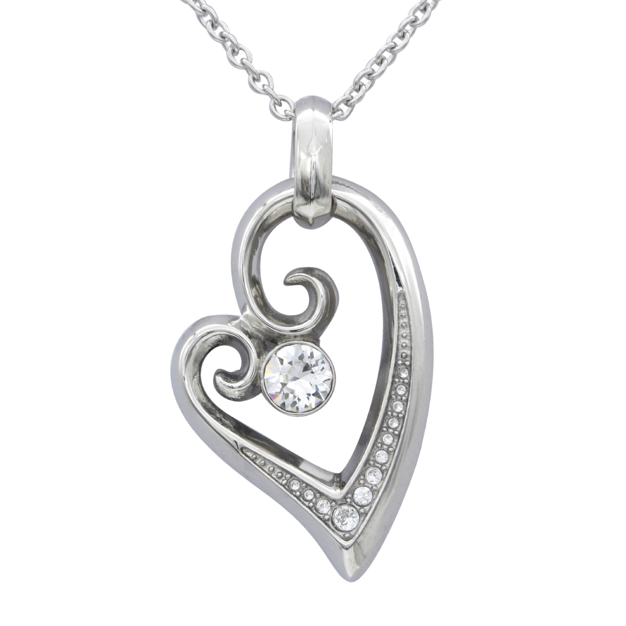 Silver heart pendant with swirling design, studded with small gems and a central large gem.