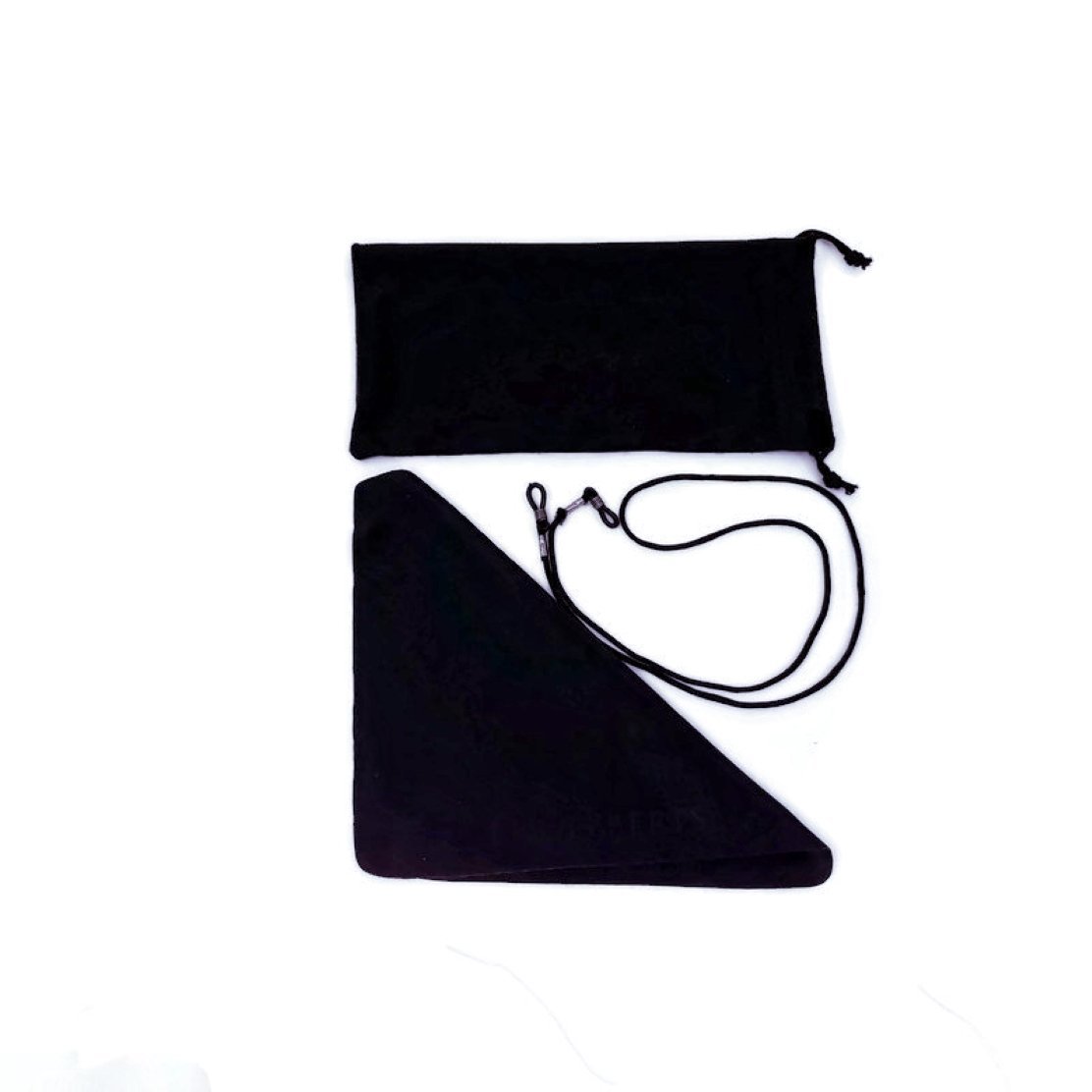 Black drawstring pouch and a triangular cloth with a black cord, set against a white background.