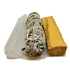 White selenite stick, bundled sage, and a pale brown palo santo stick on a white background.