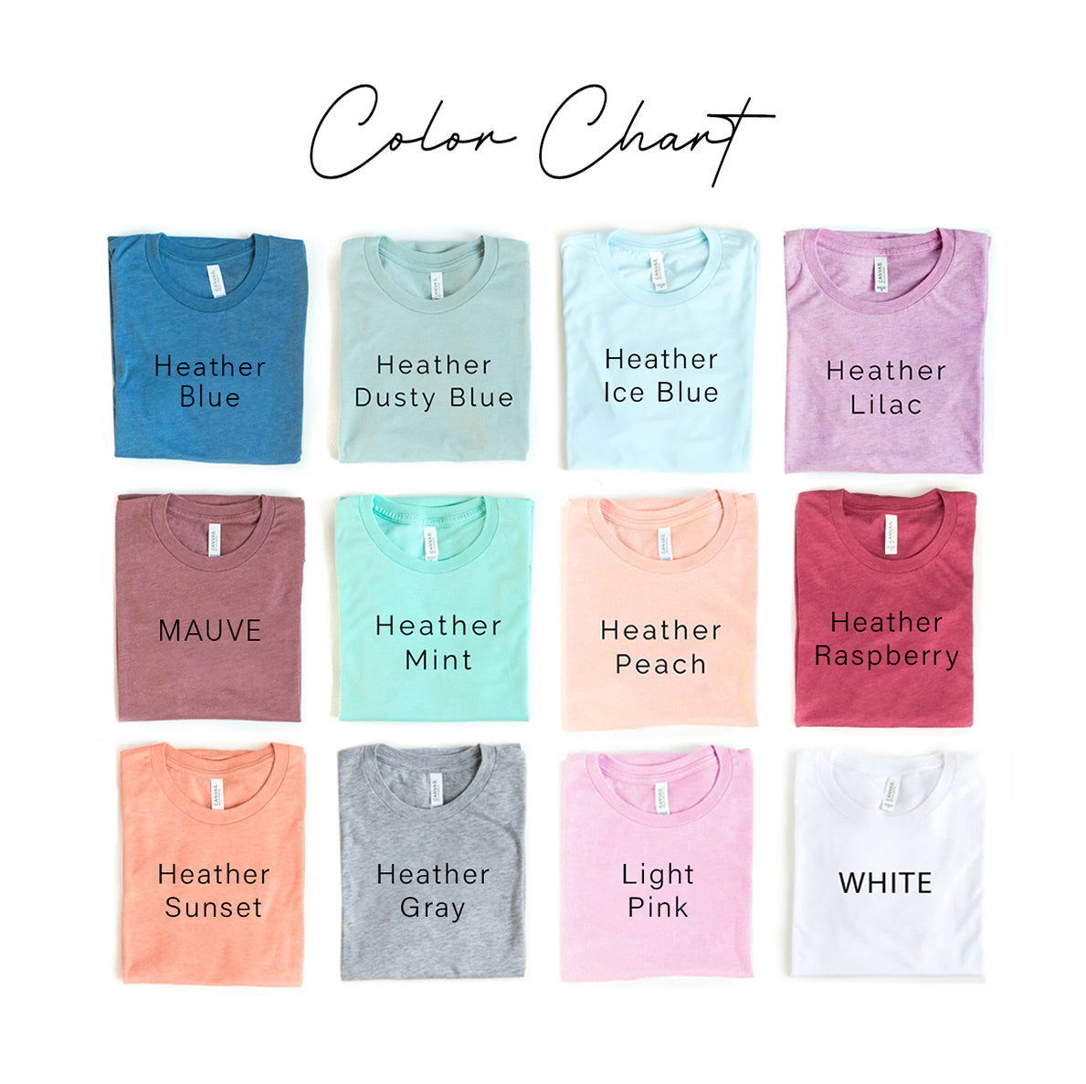Color chart of folded t-shirts: blue, dusty blue, ice blue, lilac, mauve, mint, peach, raspberry, sunset, gray, pink, white.