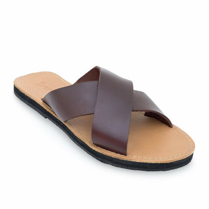 Brown leather sandal with crisscross straps, tan insole, and black sole.