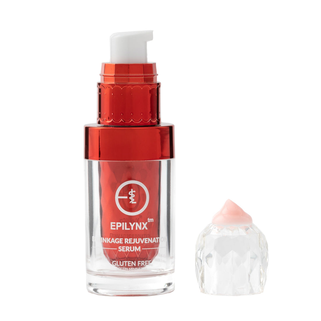 Clear serum bottle with a red cap and label, beside a faceted cap with pink cream on top.