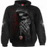 Skeleton in hood holds a red heart pendant; dark gothic design on black hoodie.