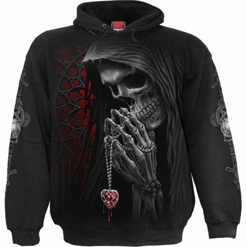 Hoodie with grim reaper holding a bleeding heart pendant, set against a red Gothic-style background.