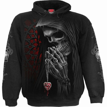 Hoodie with grim reaper holding a bleeding heart pendant, set against a red Gothic-style background.