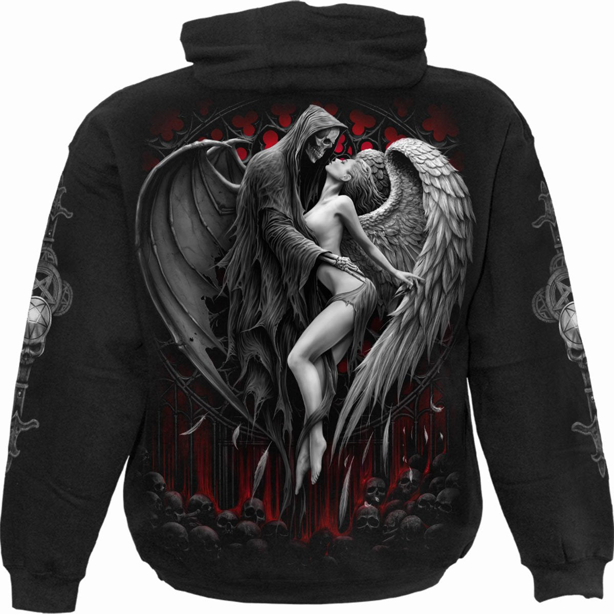 A black hoodie depicts a robed figure with a skeletal face and wings embracing an angel with white wings.