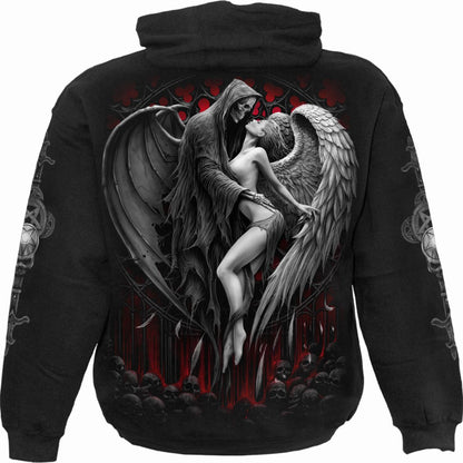 A black hoodie depicts a robed figure with a skeletal face and wings embracing an angel with white wings.