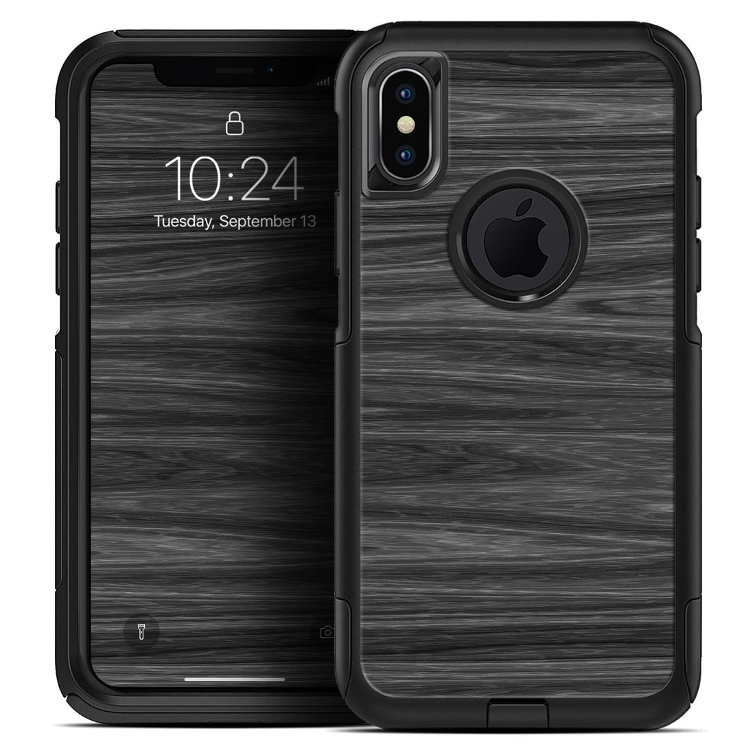 Smartphone with sleek wood-textured black case, dual camera, Apple logo, and lock screen display.