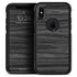 Smartphone with sleek wood-textured black case, dual camera, Apple logo, and lock screen display.