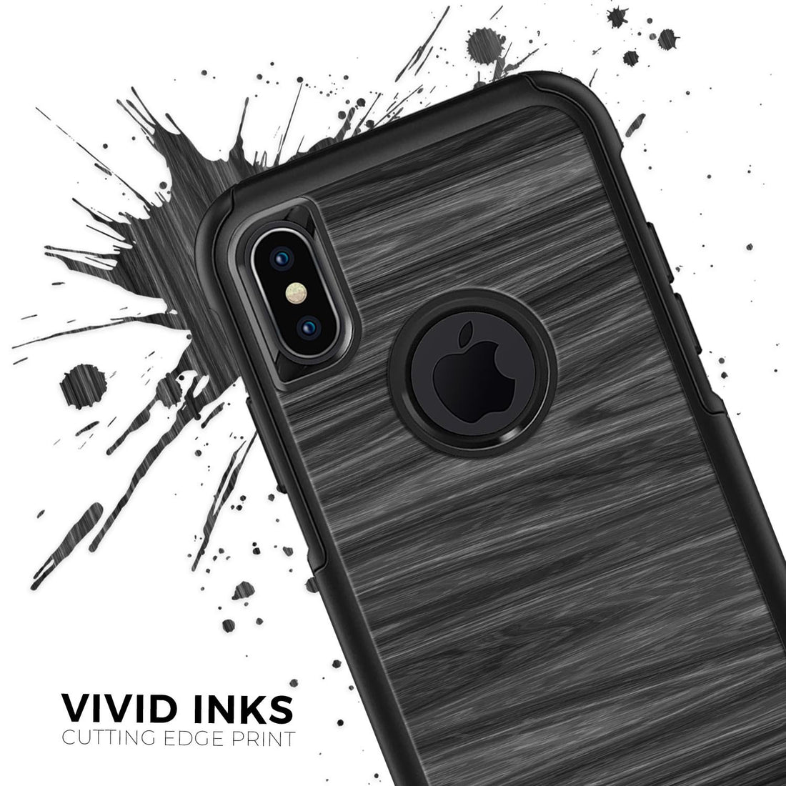 Black phone case with wood grain texture, dual camera cutout, and logo circle on ink-splatter background.