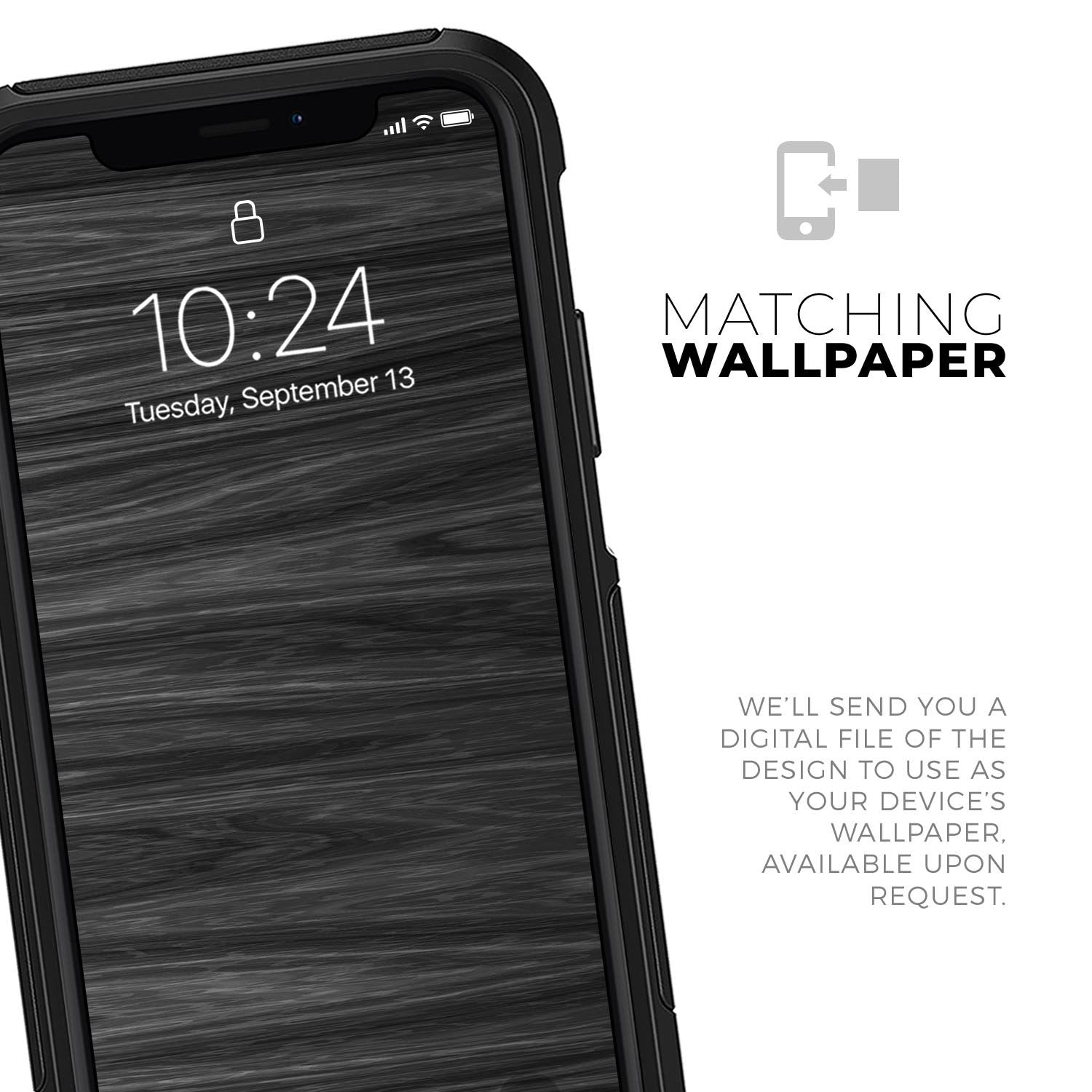 Smartphone with black wood-textured wallpaper, time displayed as 10:24. Text reads "Matching Wallpaper."