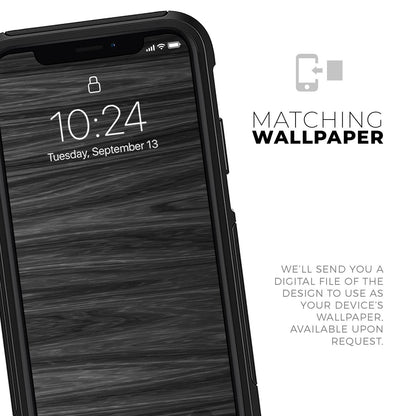 Smartphone with black wood-textured wallpaper, time displayed as 10:24. Text reads "Matching Wallpaper."