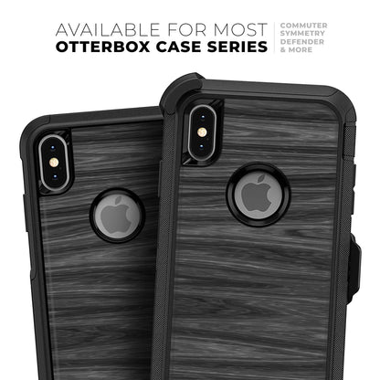 Two black and gray striped phone cases with Apple logo holes on a white background.
