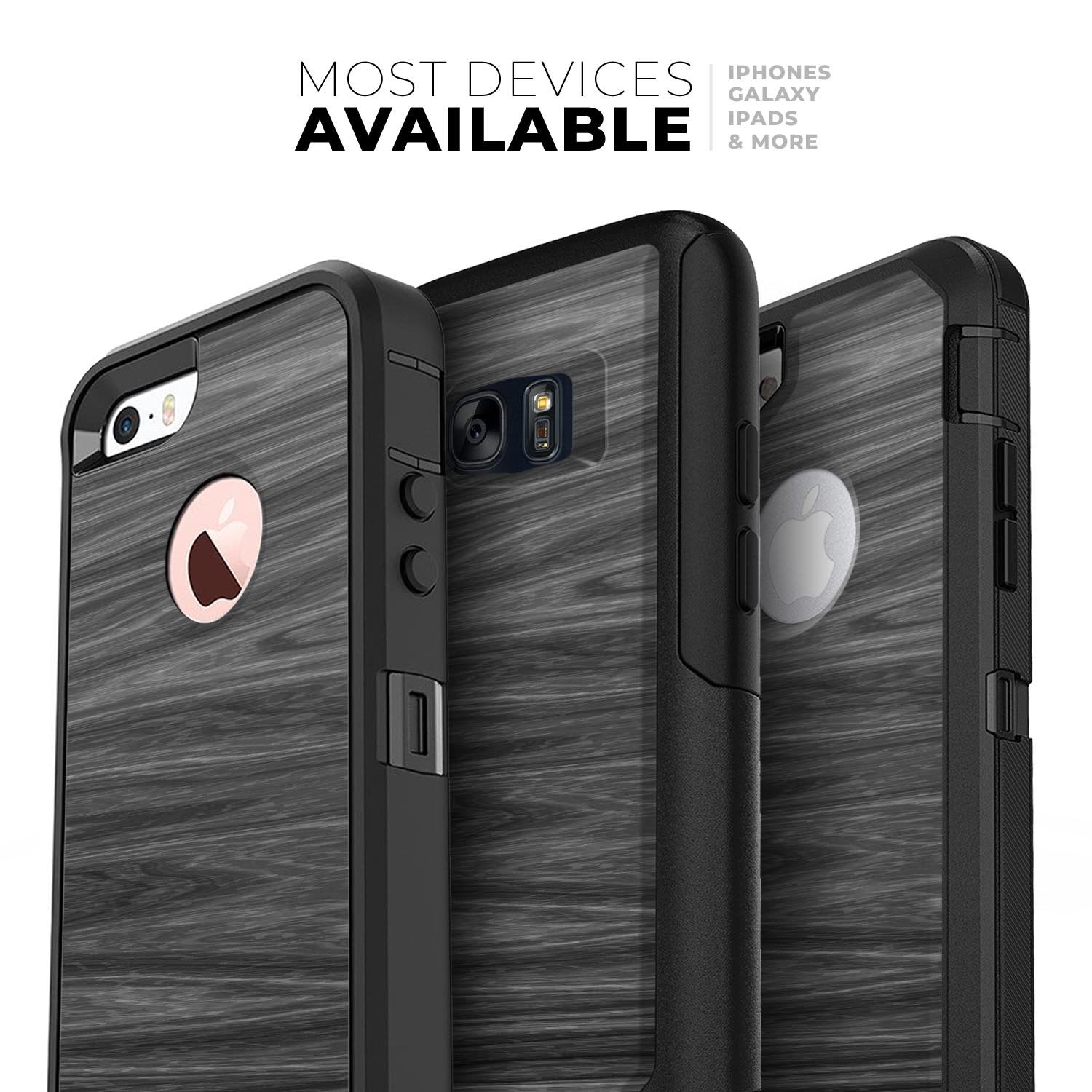 Three phone cases with a wood grain texture in gray and black, fit various devices.