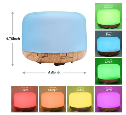 A rounded diffuser with wood base, various light colors including blue, green, and purple, measures 4.76"x6.6".