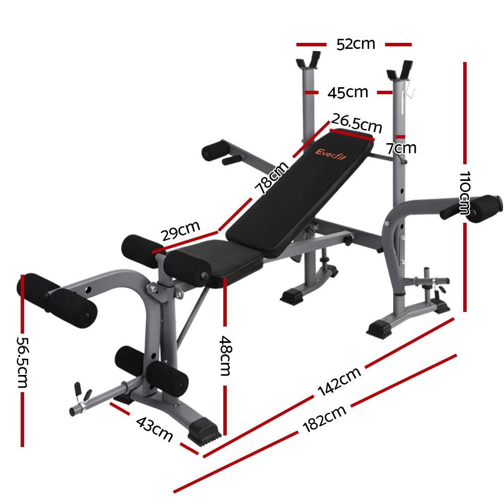Adjustable weight bench with black padding and grey frame, featuring labeled measurements.