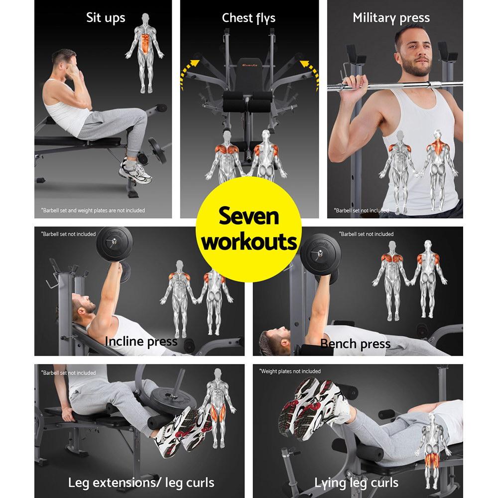 Image showing seven workout exercises on a machine, with diagrams highlighting targeted muscles.