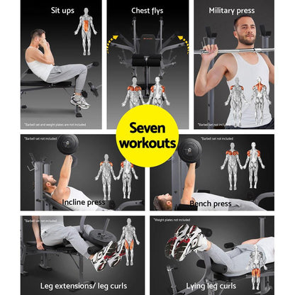 Image showing seven workout exercises on a machine, with diagrams highlighting targeted muscles.
