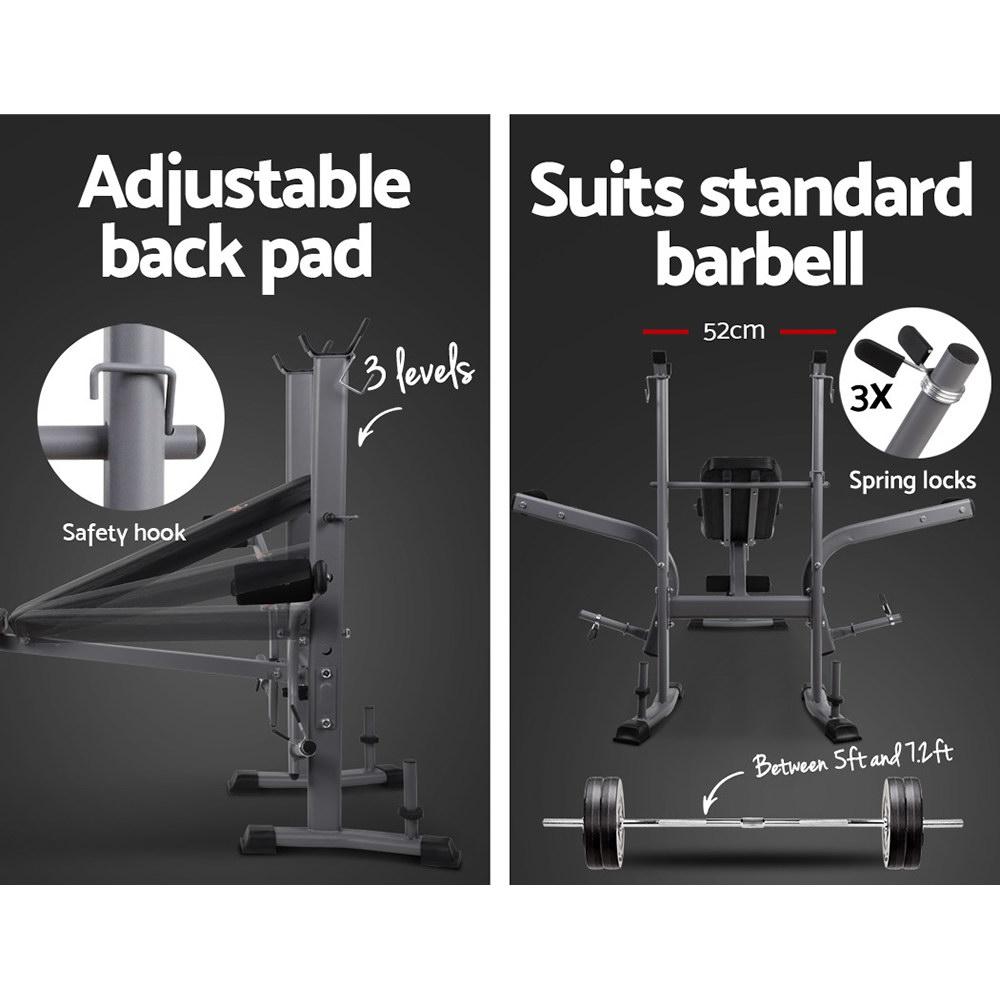 Split image showing a gym machine with features: adjustable back pad, safety hook, and barbell info.