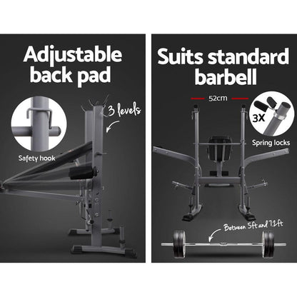 Split image showing a gym machine with features: adjustable back pad, safety hook, and barbell info.