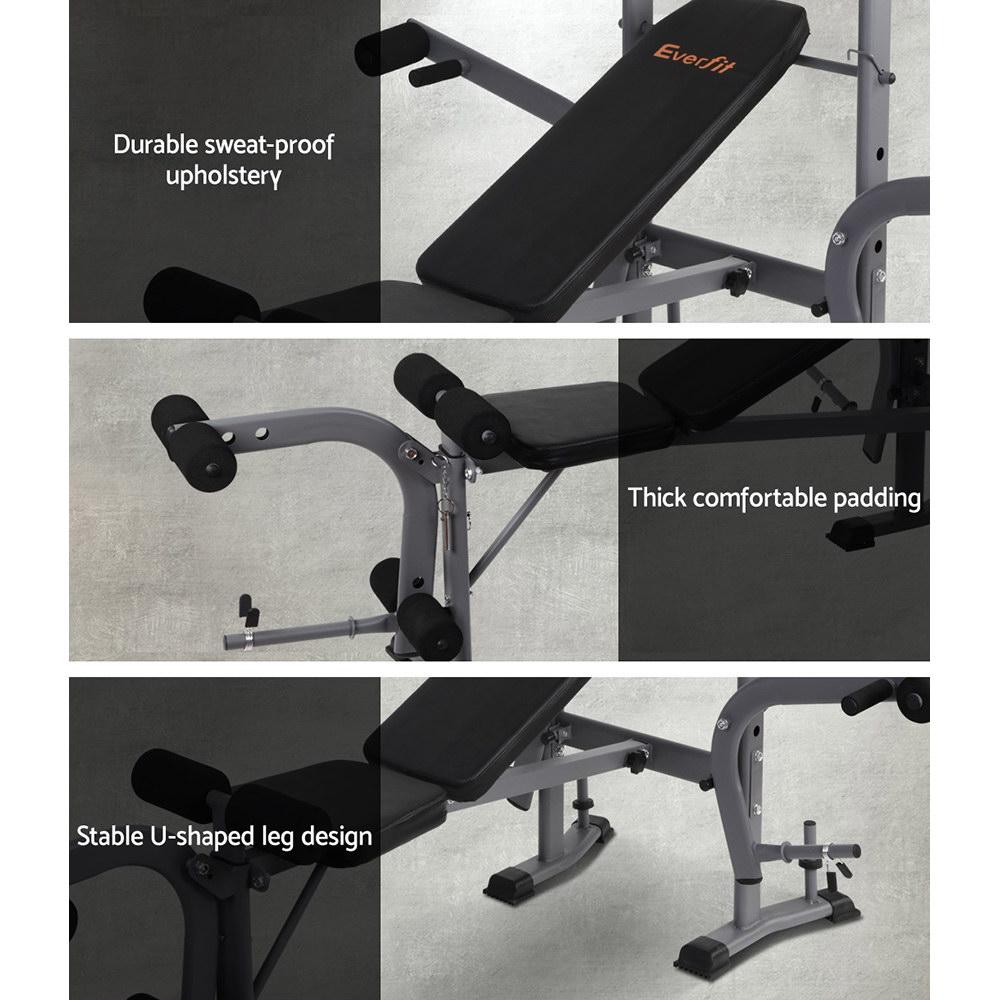 Exercise bench with black padding, gray frame, durable upholstery, and U-shaped leg design.