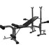 Black and gray adjustable weight bench with leg extension and barbell rack.